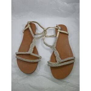Merona Womens Gold Rhinestone Sandals Size 6.5 T Strap Flat Dressy Sandals